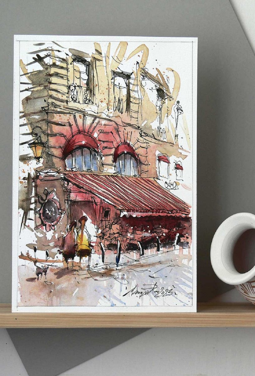 Paris urban sketch, ink and watercolor. 2023 by Marin Victor