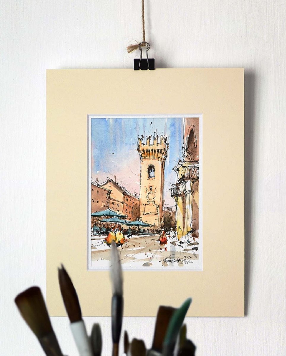 Italian town urban sketch,Original ink and watercolor painting sketch on paper, 2022 by Marin Victor