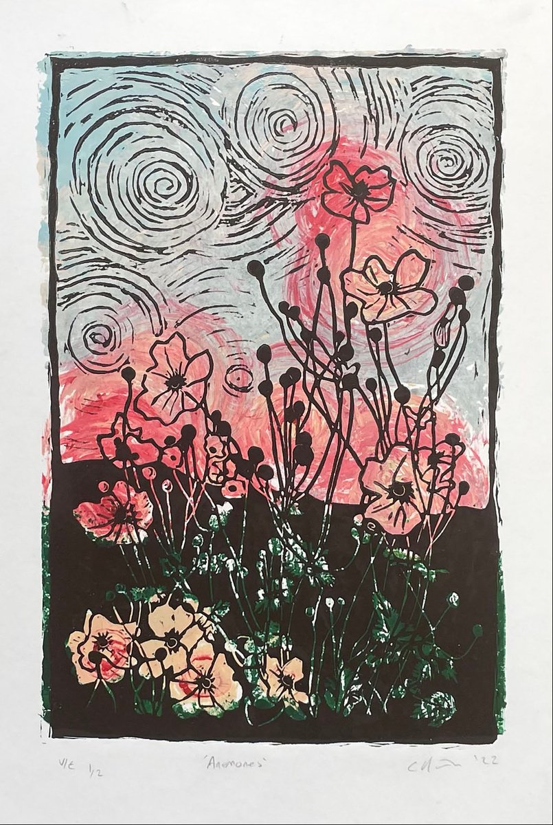 Anemones Linocut by C Staunton