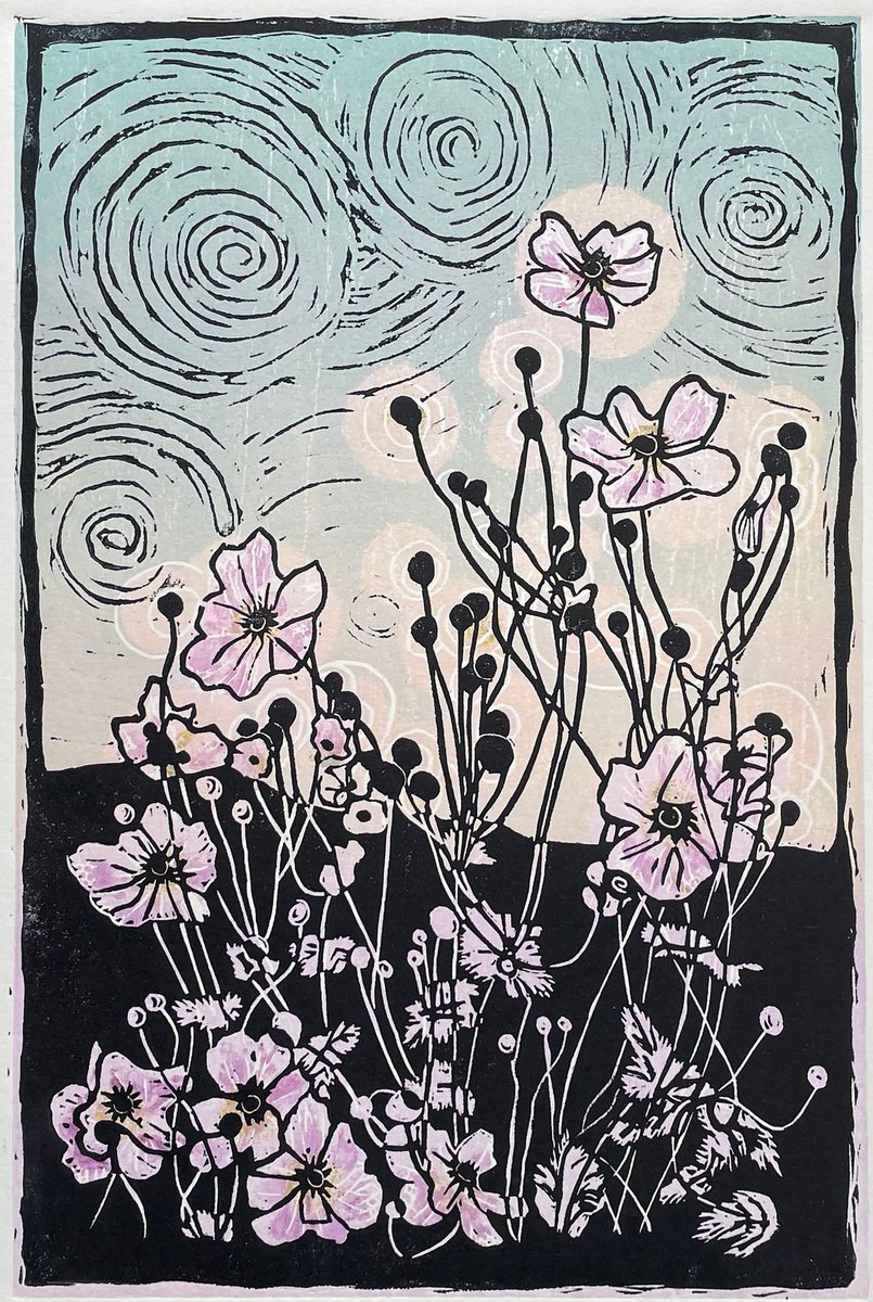Anemones Linocut Print by C Staunton