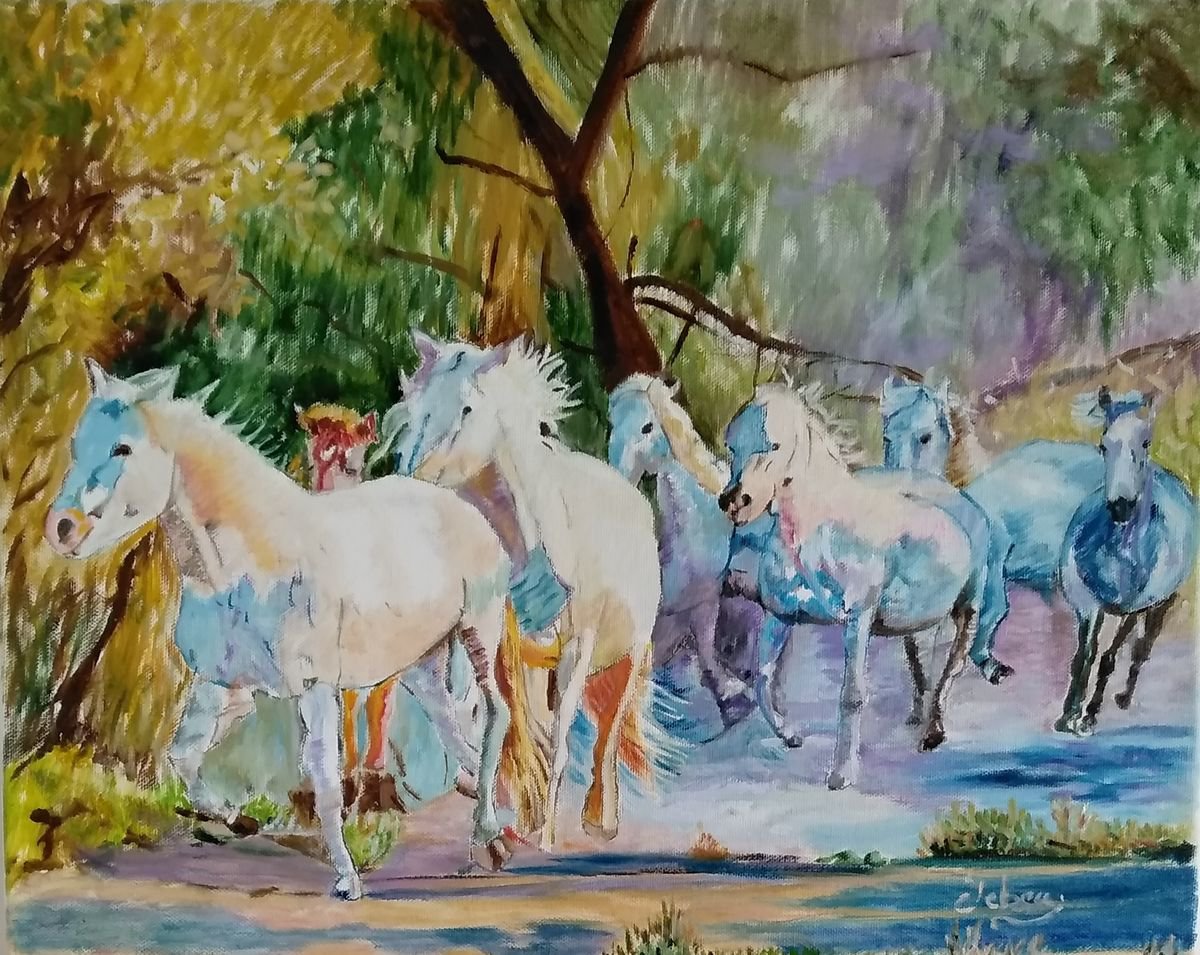 White horses in the countryside by Isabelle Lucas