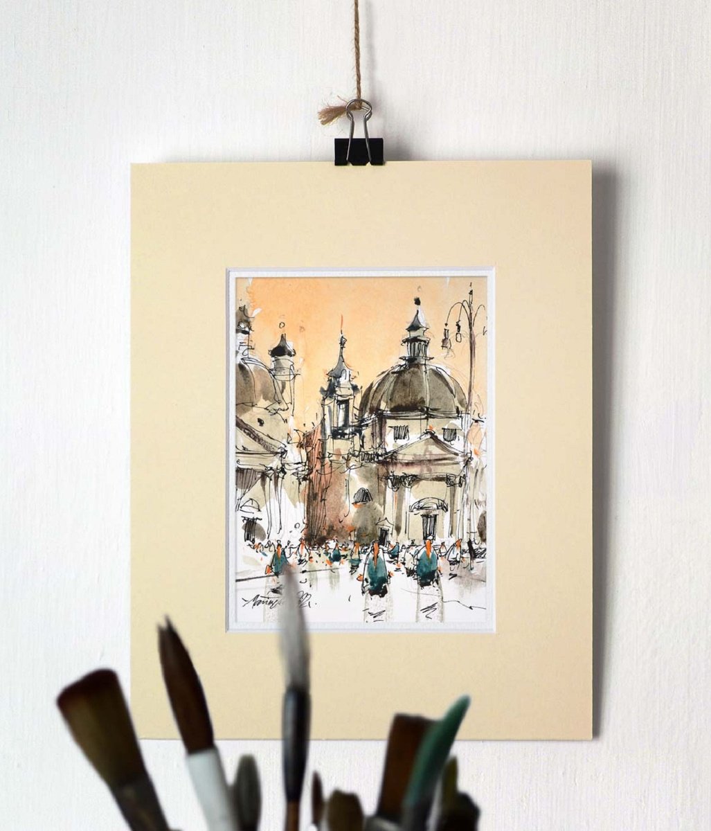 Watercolor painting of Piazza del Popolo in Rome by Marin Victor