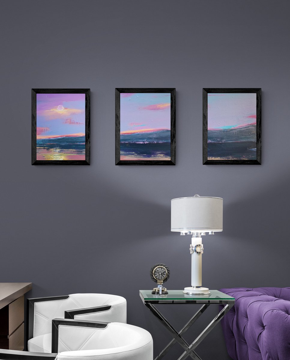 Bright landscape - Violet mountain - Seascape - Triptych - Minimalism - Sunset by Yaroslav Yasenev