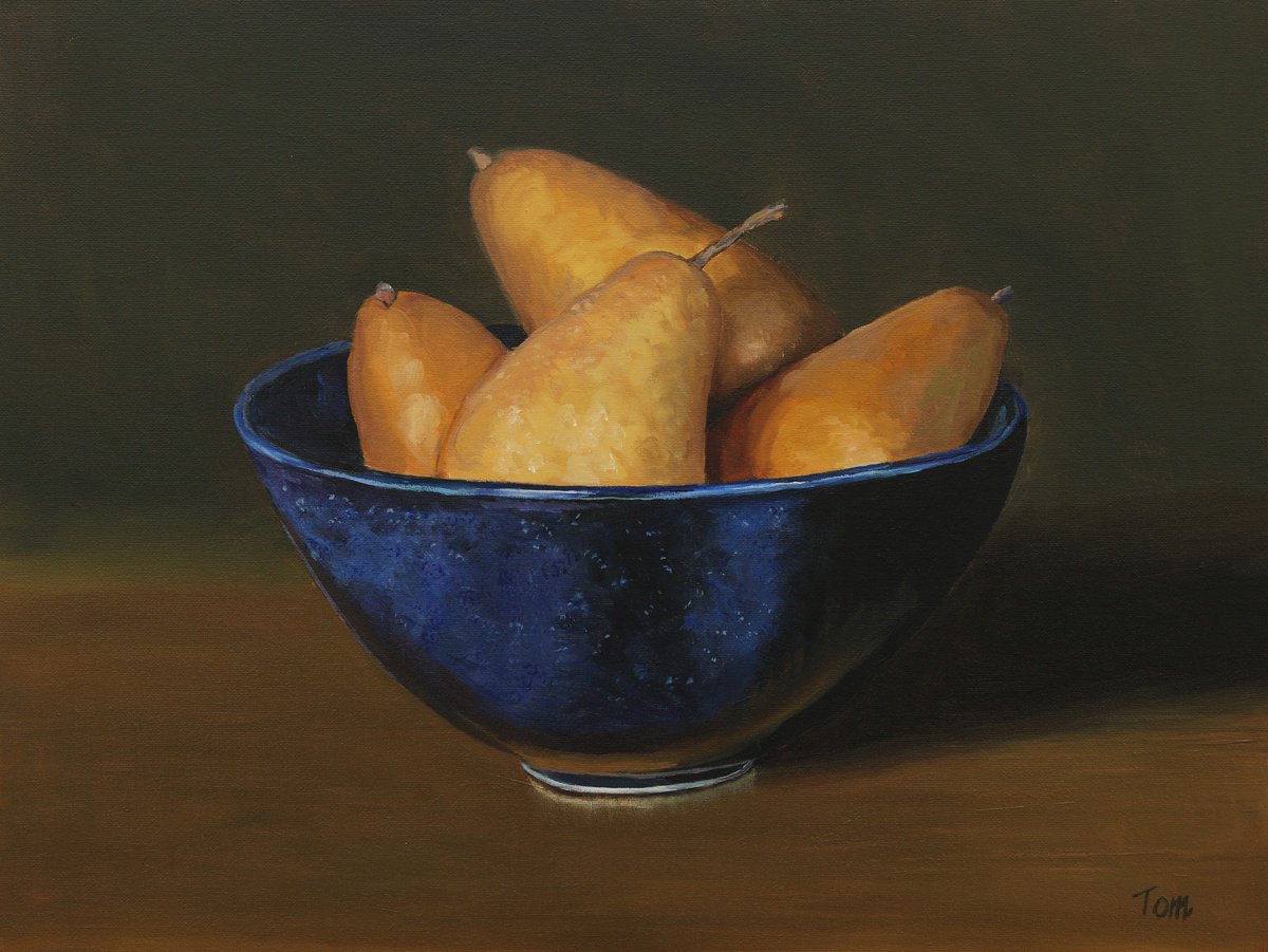 Pears in a blue bowl by Tom Clay